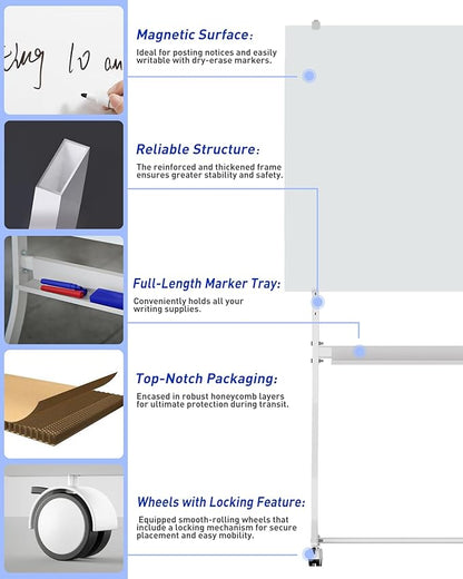 Mobile Glass Whiteboard, 24 x 36 inch Glass Board/w Height Adjustable, Large - Image 5