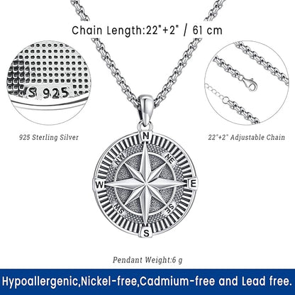 Compass Necklace for Women Men 925 Sterling Silver Pendant Urn Necklaces for - Image 3