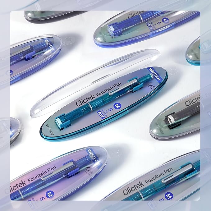 WRITECH Clictek Fountain Pen Retractable: Blue Ink Medium Nib Transparent Barrel - Image 6