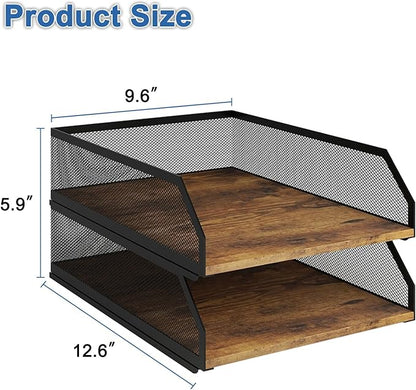Natwind 2-Tier Stackable Paper Tray, Metal Mesh Desktop Organizer, Wood Board - Image 2