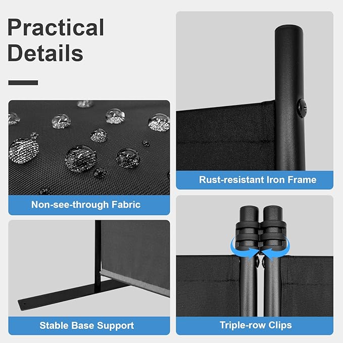 MAYOLIAH 3-Panel Black Room Divider 6ft Tall Folding Privacy Screen w/Flat Base - Image 3
