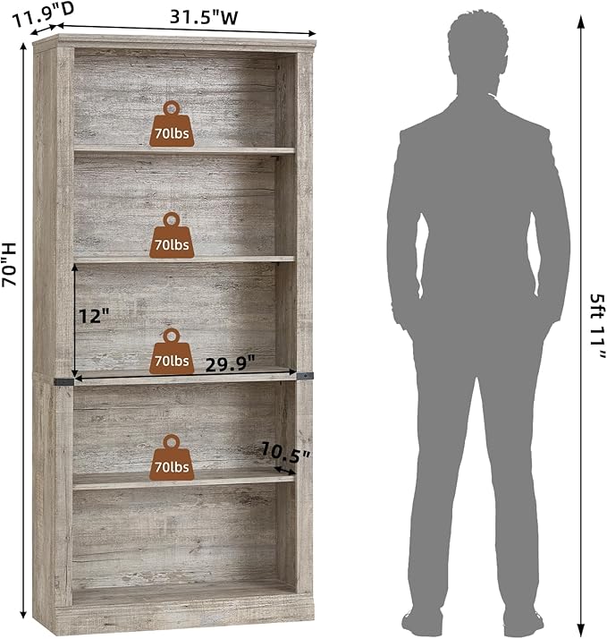 RWYHG 70" Grey Tall Bookshelf Set of 3, 5-Tier Thick Wooden Book Shelf - Image 3