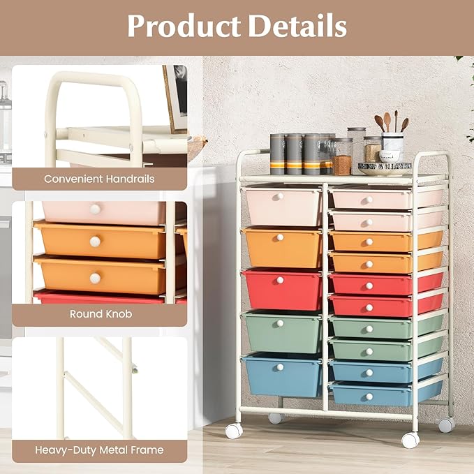 DORTALA 15-Drawer Rolling Storage Cart - Image 7