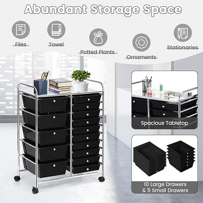COSTWAY 15 Drawer Rolling Storage Cart, Utility Tools Paper Organizer on Wheels - Image 4