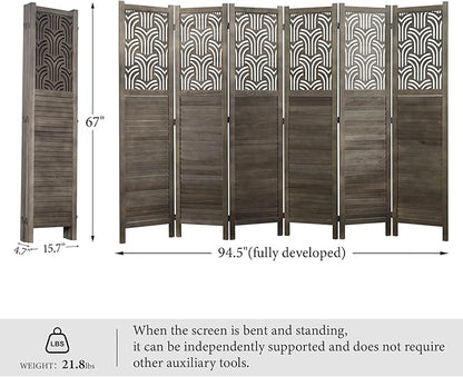 Svimi Folding Room Divider, 66.9 Inch 6 Panels Wood Carved Privacy Screens - Image 6