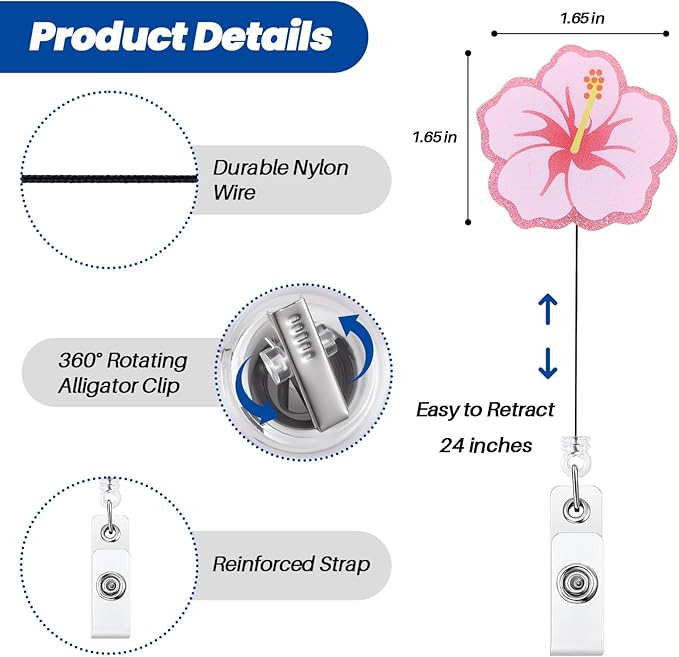 Cute Hibiscus Flower Badge Reel, Retractable ID Card Pink Badge Holders - Image 4