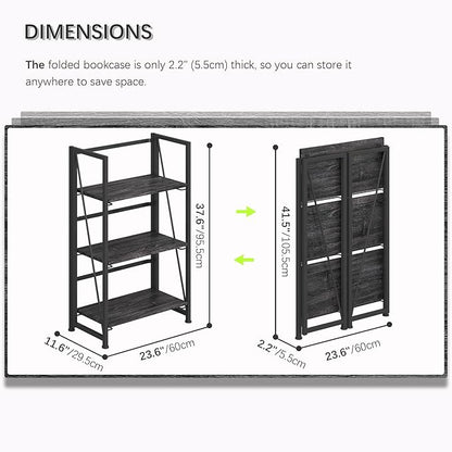 4NM No Assembly Folding Bookshelf Storage Shelves 3 Tiers Vintage Bookcase - Image 2