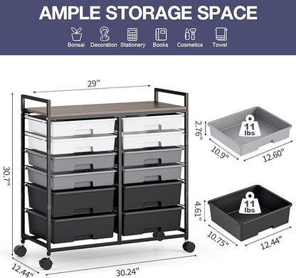 Rolling Storage Cart with 12 Drawers, Wooden Tabletop Utility Cart - Image 3