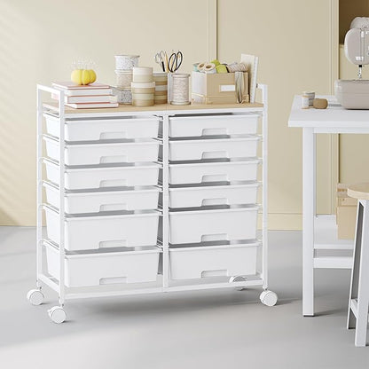 Rolling Storage Cart with 12 Drawers, Wooden Tabletop Utility Cart - Image 8