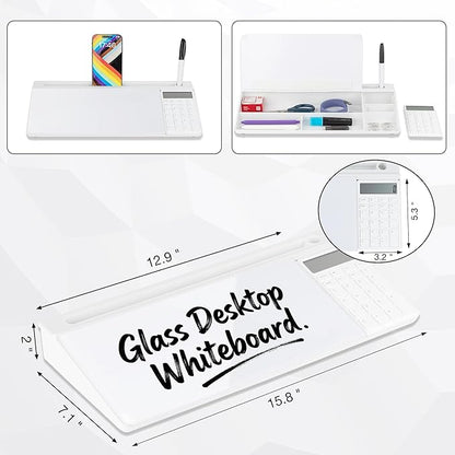 Glass Desktop Whiteboard with Calculator & Storage, Desk Dry Erase Note Memo - Image 2