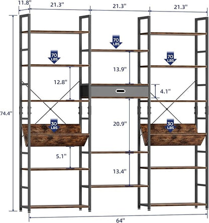 NUMENN Triple Wide 6 Tier Bookshelf, Adjustable Rustic Industrial Style Book - Image 3