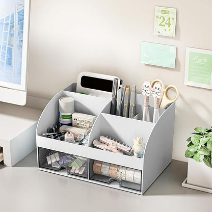 Desk Organizer with 6 Compartments and 2 Drawers, Plastic Makeup Organizer - Image 3