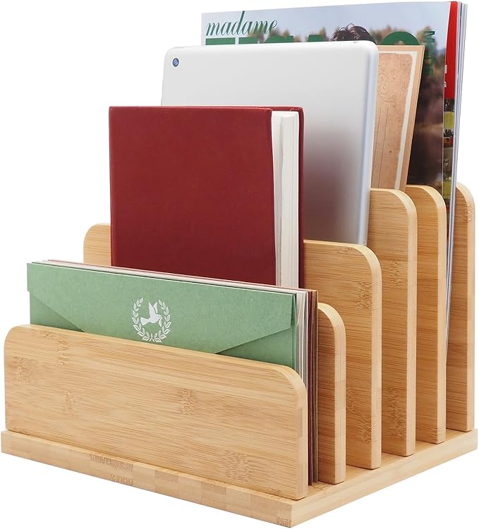 Deefielly Desk File Mail Organizer Countertop, 5 Slots Bamboo Folder Sorter by Deefielly