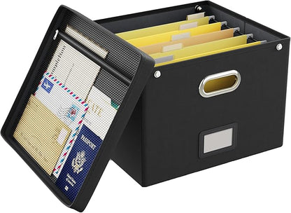 Oterri File Organizer Box with Lid, Large Hanging Filing Box with Mesh Pocket by Oterri