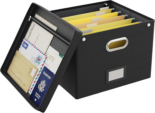Oterri File Organizer Box with Lid, Large Hanging Filing Box with Mesh Pocket by Oterri