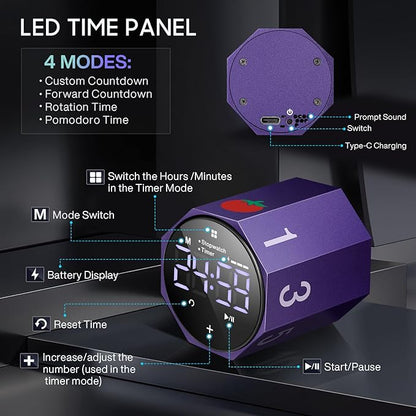 Digital Pomodoro Timer, Frosted Metal Productivity Cube Timer, 1.8 in LED - Image 7
