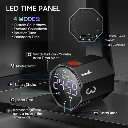 Digital Pomodoro Timer, Frosted Metal Productivity Cube Timer, 1.8 In LED - Image 7