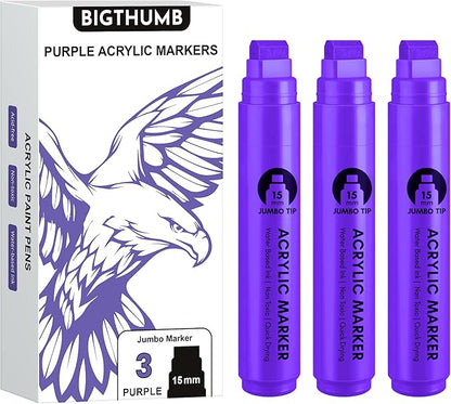 BIGTHUMB 3 Pcs Purple Jumbo Permanent Markers: 15mm Wide Tip Thick Acrylic by BIGTHUMB