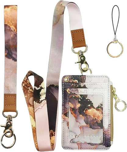 Marble ID Badge Holder with Lanyard, Card Name Tag Holders with Zipper by BOLIMOSS