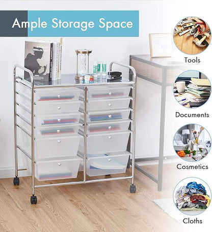 Happygrill 12-Drawer Rolling Storage Cart, 2 Sizes Plastic Drawers & Metal Shelf - Image 4