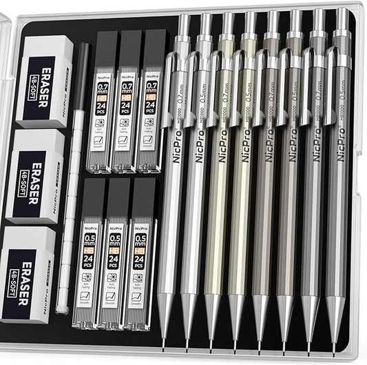 Nicpro 8 Pack 0.5mm & 0.7mm Metal Mechanical Pencil Set, MB1000 Lead Drafting by Nicpro