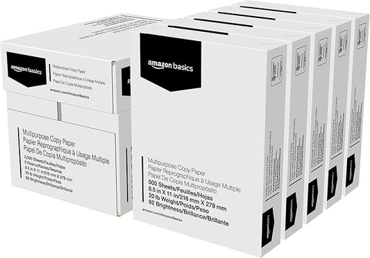 Amazon Basics Multipurpose Copy Printer Paper, 20 lb, 8.5 x 11 Inches, 5 Reams by AmazonBasics