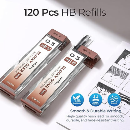 Nicpro Blocky Gear 0.3 mm Mechanical Pencils Set in Case, Metal Pencil - Image 3