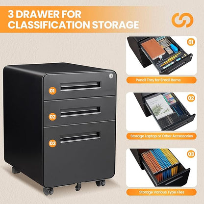 AFAIF 3 Drawer File Cabinet, Fully Assembled Mobile File Cabinets - Image 7