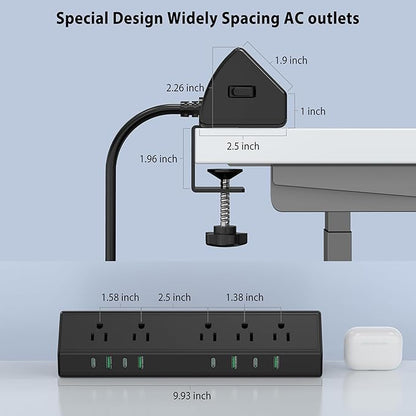 45W Fast Charging Station, Desk Clamp Power Strip, 4 PD USB-C Ports, 5 AC - Image 7