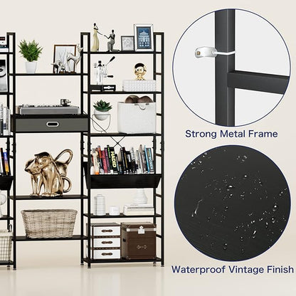 NUMENN Triple Wide 6 Tier Bookshelf, Adjustable Rustic Industrial Style Book - Image 7