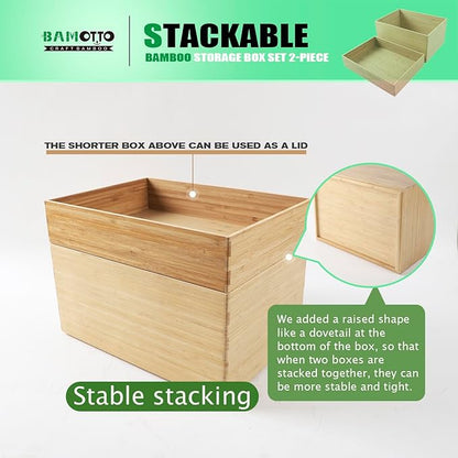 2-Piece Large Bamboo Storage Box Set, 7.1 in High Stackable Deep-Drawer - Image 3