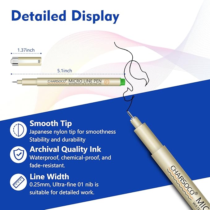 CHARSOCO 01 Micro Pen, Waterproof Archival Ink, 0.25mm Fineliner Ink Pens - Image 2