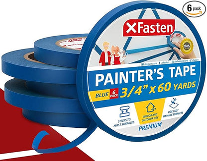 XFasten Blue Painters Tape 3/4 Inch Wide x 60 Yards 6-Pack, UV Residue-Free by XFasten