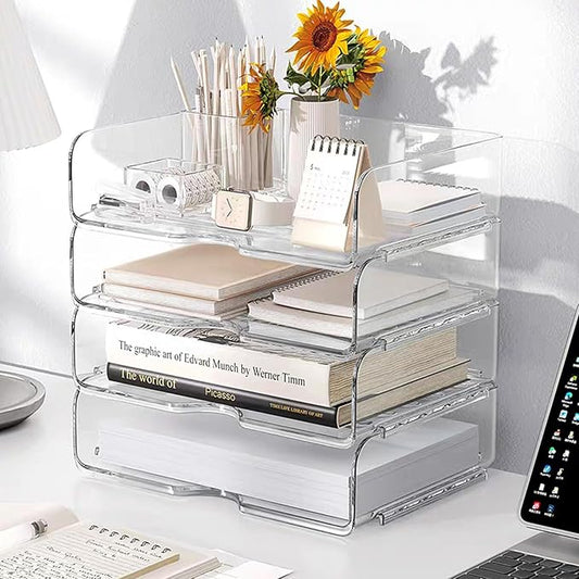 Clear Stackable Paper Trays 4 Pack, PET Letter Tray Desk Organizer, Desktop by Noger