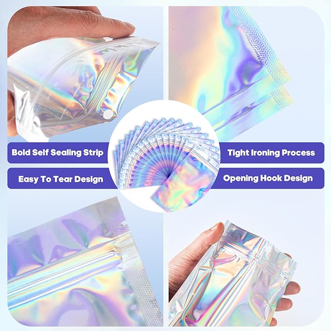 100Pcs Holographic Packaging Bags, 3.1x4.7 inch Resealable Foil Pouch Mylar - Image 4