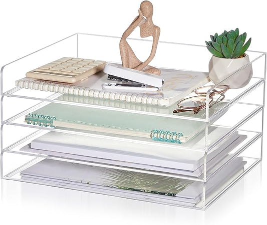 Harloon 4 Tier Acrylic Paper Tray 13 x 10 x 1.7 Inches Stackable Letter Clear by Muasung