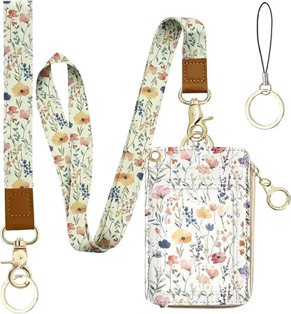 bolimoss 2-in-1 ID Badge Holder & Lanyard Wallet, Cute Florals Leather ID Badge by BOLIMOSS