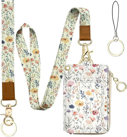 bolimoss 2-in-1 ID Badge Holder & Lanyard Wallet, Cute Florals Leather ID Badge by BOLIMOSS