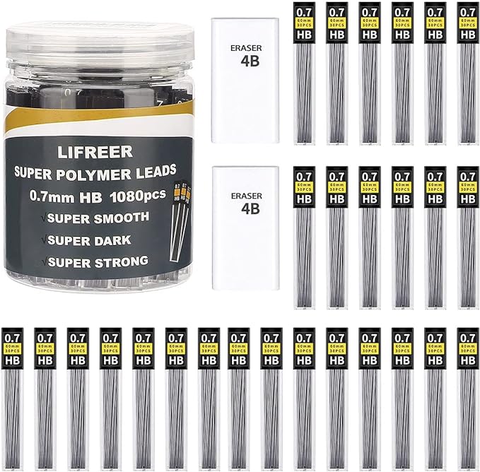 Lifreer 0.7 Lead Refills, Unbreakable 0.7 mm Lead Refills and 2 Premium Erasers by Lifreer