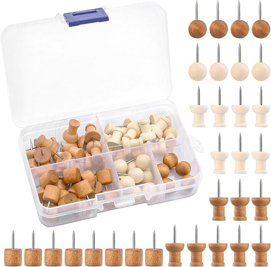 60 Pcs Wood Push Pins, 2 Colors and 5 Types Decorative Thumb Tacks Wooden Head by Imzay