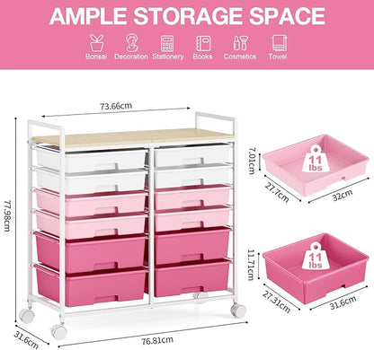 Rolling Storage Cart with 12 Drawers, Wooden Tabletop Utility Cart - Image 3