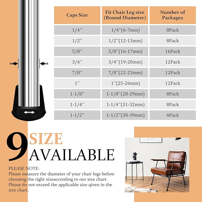 VOCOMO 1/2" Round Rubber Chair Leg Tips Caps, 8 Pack Extra Small Chair Leg - Image 5