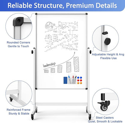Double-Sided Whiteboard and Corkboard on Wheels, 48 x 32 Inch Magnetic Dry - Image 3