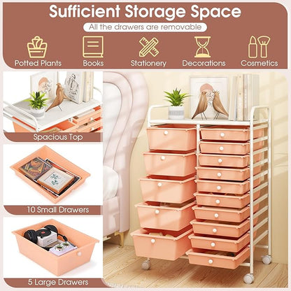 COSTWAY 15-Drawer Rolling Storage Cart, Mobile Utility Cart - Image 4