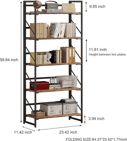 JSB No Assembly Folding Bookshelf, 5 Tier Industrial Metal Book Shelf - Image 3