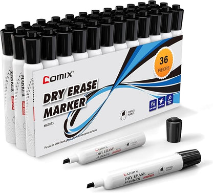 Comix Low Odor Dry Erase Markers Black, 36 Bulk Black Color Whiteboard Markers by Comix