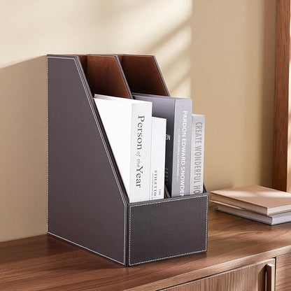 KINGFOM Wooden Leatherette Desktop File Folder Organizer and Document File - Image 8