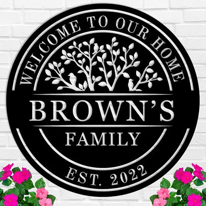 Welcome to Our Home Metal Sign, Personalized Family Name Tree of Life Sign by HRZSIGNFC