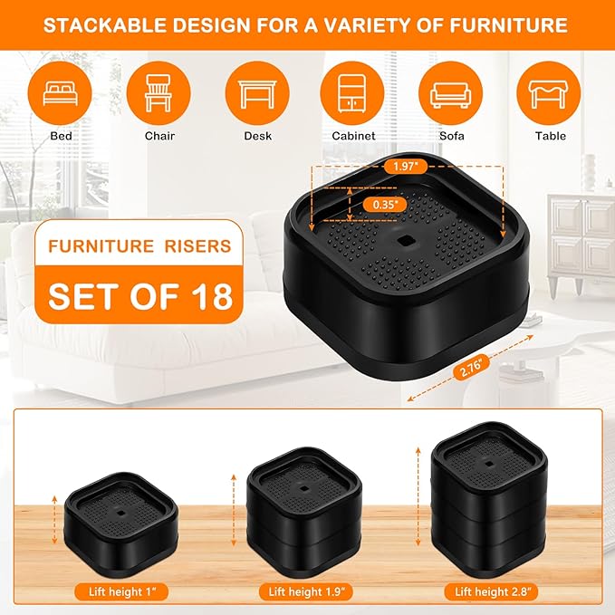 shouwuhho 18 Pack Furniture Risers Adjustable Bed Risers Heavy Duty Lifts - Image 2
