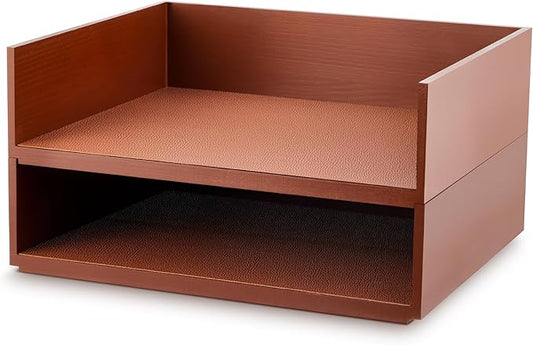 Yeaqee 2 Pcs Wooden Leather Stackable Letter Trays 13 x 10.6inch Luxurious by Yeaqee